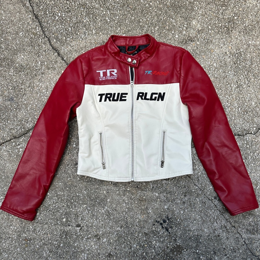 True Religion Womens Red Cream Faux Leather Moto Racing Jacket TR RLGN Small